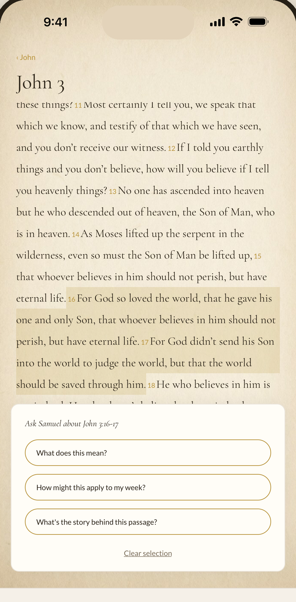 Carried Bible reader on John 3, with Ask your guide question chips